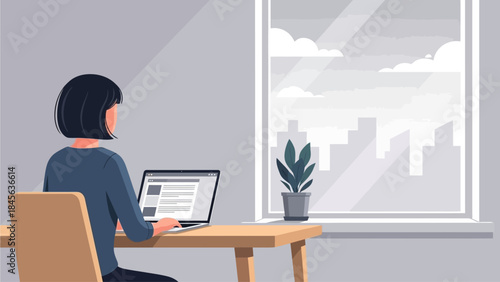 Woman working remotely on laptop in modern office space with city view