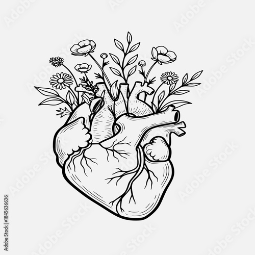 Anatomical Heart with Floral Elements in Bold Line Art Style