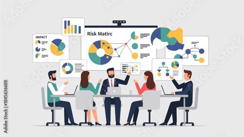 Business team analyzing data in modern office setting with graphs