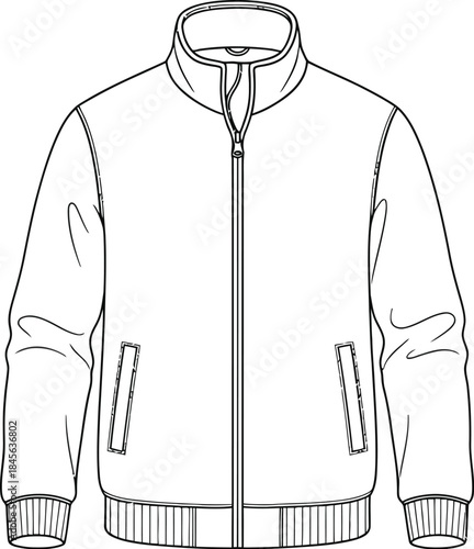 Detailed black and white outline drawing of a classic zip-up bomber jacket with ribbed cuffs and collar
