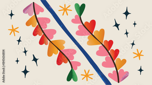 Colorful heart shaped leaves on stems with blue line, stars on beige background, vibrant whimsical illustration