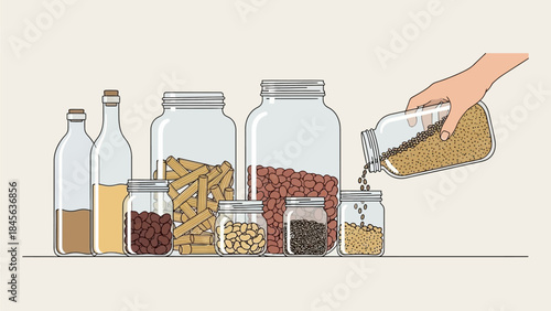Vibrant pantry storage with assorted dry goods and hand pouring
