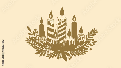 Group of lit candles with festive foliage warm glow and holiday decoration vector illustration for c