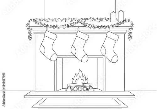 Simple line art drawing of a fireplace decorated for christmas with hanging stockings and burning logs