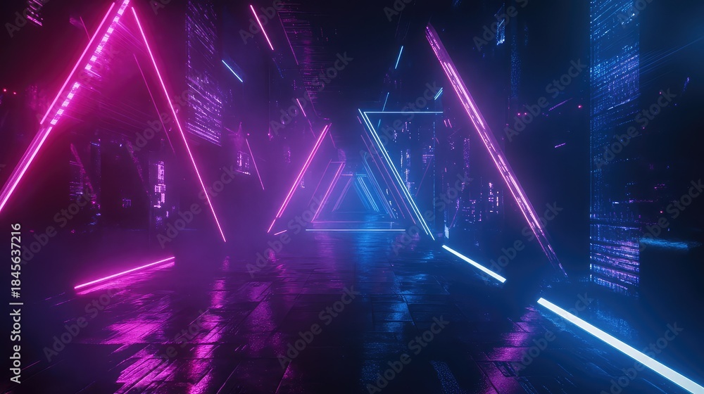 Obraz premium Abstract digital tunnel featuring multiple glowing neon light triangles in vibrant pink and blue, reflecting on a wet, dark surface with futuristic city background elements