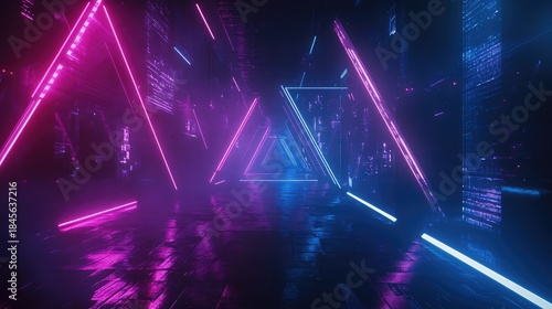 Fototapeta Naklejka Na Ścianę i Meble -  Abstract digital tunnel featuring multiple glowing neon light triangles in vibrant pink and blue, reflecting on a wet, dark surface with futuristic city background elements