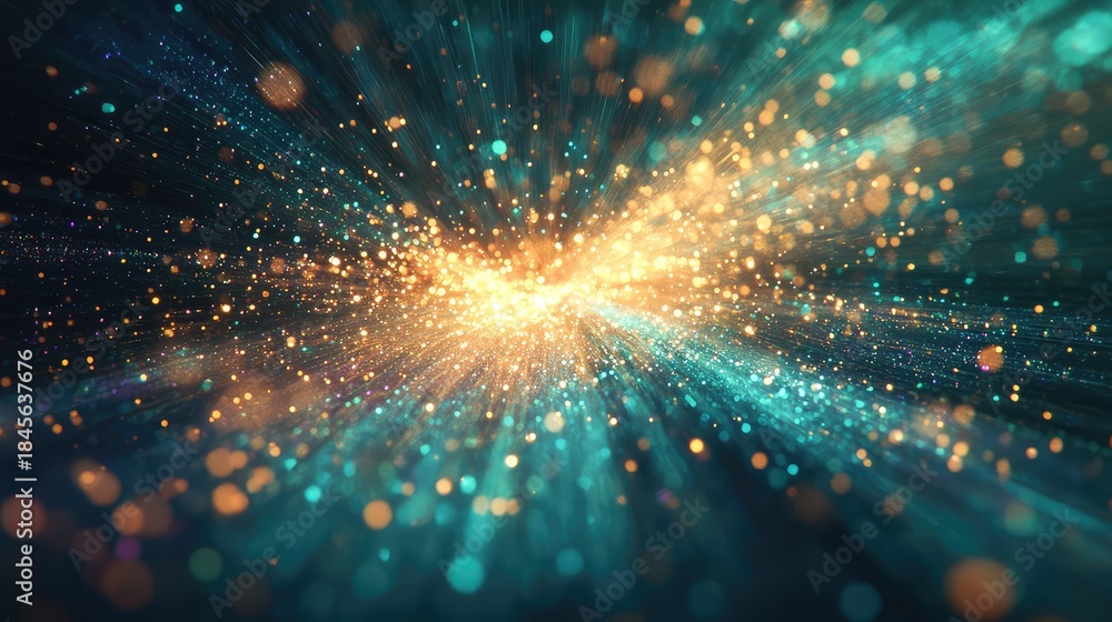 Obraz premium Vibrant light particles exploding outwards from a central point, forming a dynamic radial burst of golden and teal energy against a dark background, symbolizing innovation and digital connection