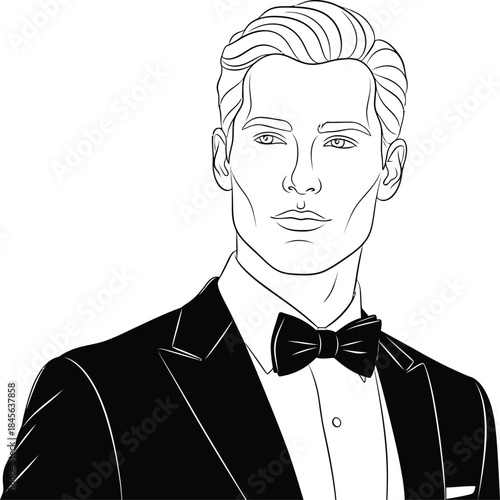Handsome man in black tuxedo and bow tie illustrated in a sophisticated black and white line art style