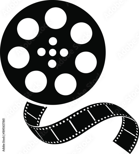 Film Reel with Film Strip Icon – Black Cinema Movie Silhouette Illustration