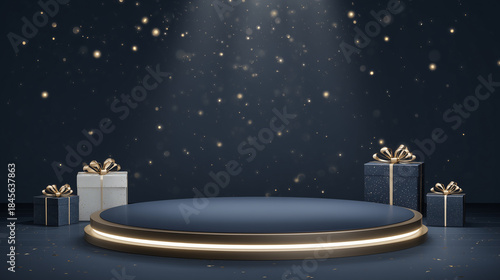Luxe round stage with spotlights and gift boxes on dark starry background