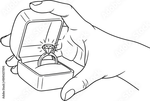 Simple line art drawing of hands holding open a jewelry box revealing a sparkling diamond engagement ring