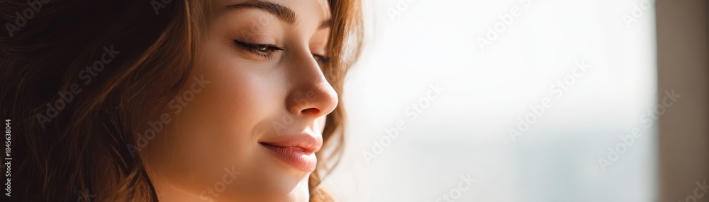 Fototapeta premium A serene close-up of a young woman gazing thoughtfully, capturing a moment of introspection and tranquility.