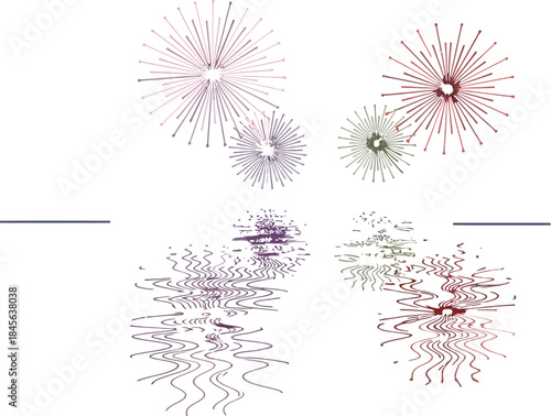 Striking colorful fireworks illuminate the dark night sky reflecting beautifully on calm water below