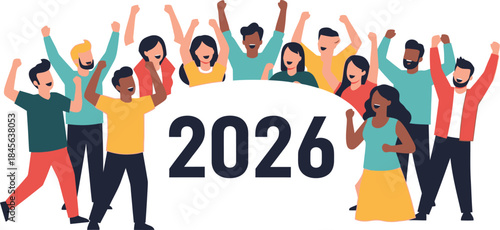 Diverse group of cheering people celebrating the year 2026 milestone with raised arms