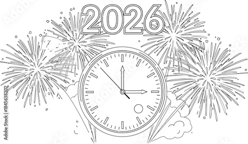 Coloring page featuring fireworks, a clock set to midnight, and the year 2026 celebration