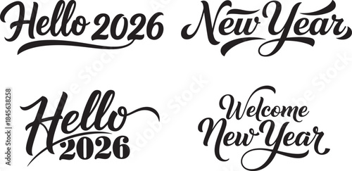 New Year Greetings Calligraphy Set, Hello 2026, New Year, Welcome New Year.