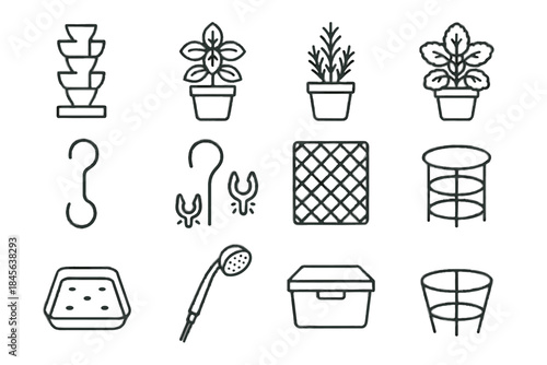 Balcony icons soil pot support hanging tray plant vector vertical gardening icon