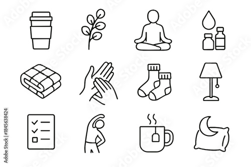 Checklist oil cozy thermos branch self icon calming drink care pair vector