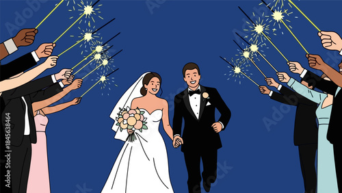 Happy bride and groom walking through a joyous tunnel of wedding sparklers held by guests.