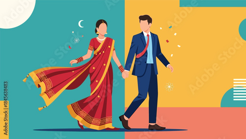 Illustrated Indian couple holding hands, symbolizing the beautiful fusion of tradition and modernity.