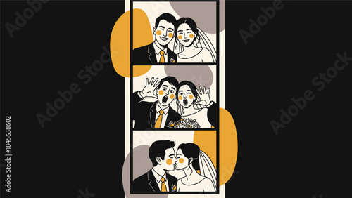 A stylish vector illustration of a wedding couple having fun in a three-strip photobooth session.