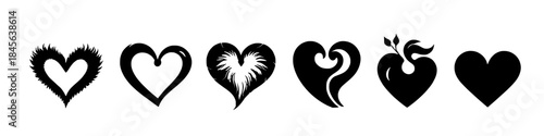 Collection of Heart Icons: A set of six unique heart icons, each with a distinctive design, suitable for expressing love, affection, and emotional concepts. Perfect for Valentine's Day.