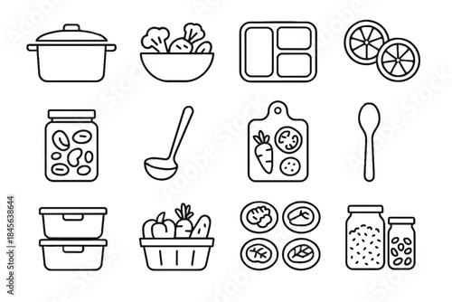 Vector portion meal icon containers pot planning mix bins cutting minimalist grain