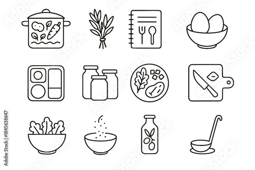 Bunch ladle egg meal olive icons bowl minimalist icon recipe reusable vector