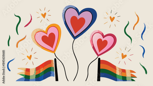 Colorful heart shaped balloons and rainbow flags with confetti on beige background, celebrating love and pride with vibrant decorations