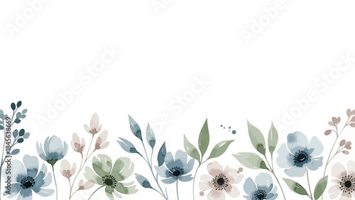 A delicate watercolor floral border in muted blue and dusty sage green on a clean white background.
