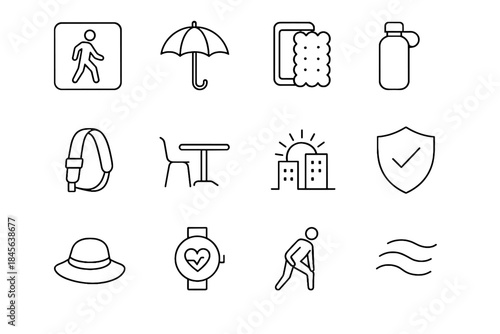 Icons pavement lines strap walking icon mark umbrella café urban snack vector