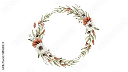 A watercolor floral wreath featuring olive branches, dried grass, and bohemian terracotta flowers.