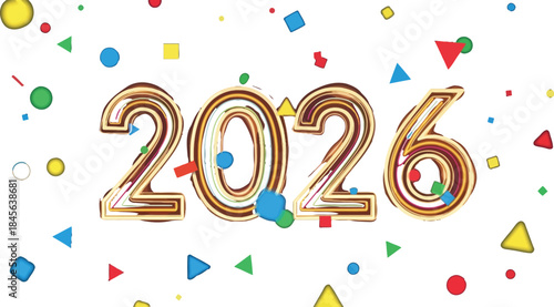 Neon glowing 2026 numbers surrounded by colorful confetti celebrate a bright new year event