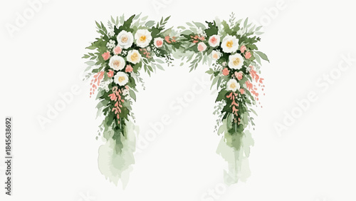Elegant floral wedding arch illustration in soft white and green watercolor tones.