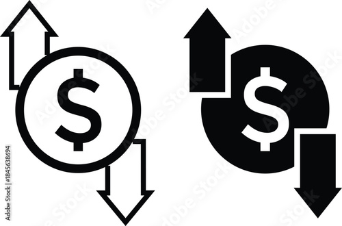 profit loss icon set. Financial statement symbols. Gain and revenue versus cost signs. Business growth and decline signs
