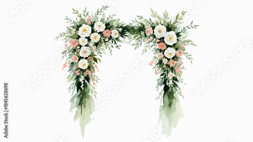 Elegant watercolor floral arch arrangement with white and pale pink roses and abundant green foliage.