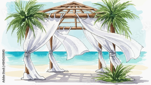 Hand-drawn tropical wedding arch with flowing white fabric against a turquoise ocean background.