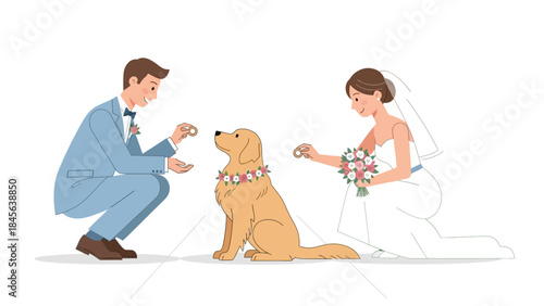 Happy bride and groom kneeling with their dog, incorporating the beloved pet into the wedding ceremony.