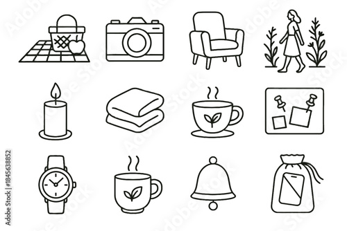 Pouch icons bell wristwatch cup reading pins icon vector digital drink setup