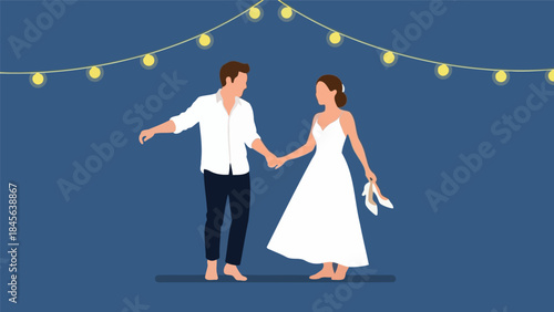 Newlywed couple dancing barefoot together under romantic string lights at night.
