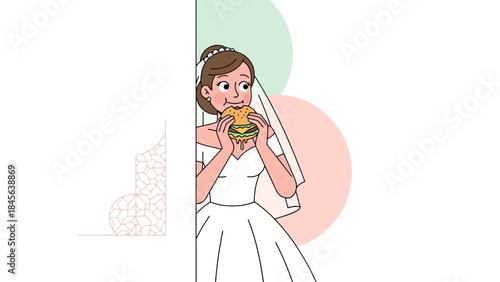 Humorous line art illustration of a hungry bride secretly enjoying a delicious fast food burger.
