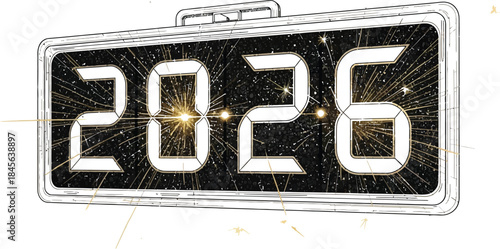 Digital flip clock design celebrating the arrival of the new year 2026 with bright golden sparks