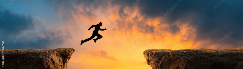custom made wallpaper toronto digitalA silhouette of a person leaps across a gap, set against a vibrant sunset sky, symbolizing courage and determination.