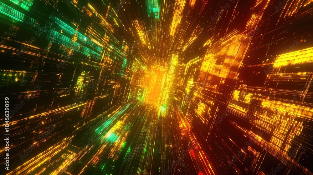 Fototapeta premium Digital tunnel of glowing lines and interconnected elements visualizing fast data flow, global network connectivity, ai driven information streams and futuristic cyberspace motion