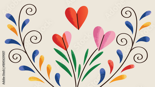 Colorful heart shaped flowers with green stems and leaves on light background
