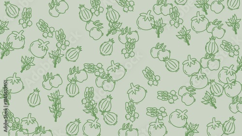 Looping green outline fruits and vegetables seamless pattern animation.