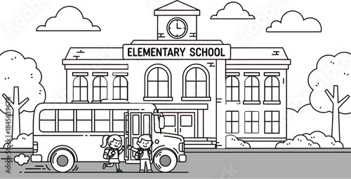 Children rushing toward a yellow school bus in front of a classic brick elementary school building