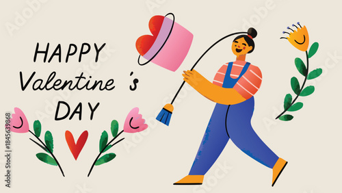 Woman holding watering can with heart balloons and flowers on valentine's day