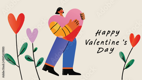 Woman holding big pink heart surrounded by colorful flowers and leaves on valentine's day