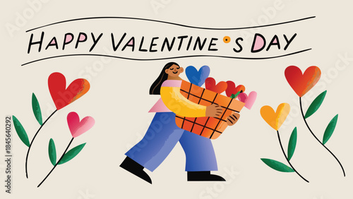 Woman holding a basket of colorful hearts on valentine's day with flowers around her